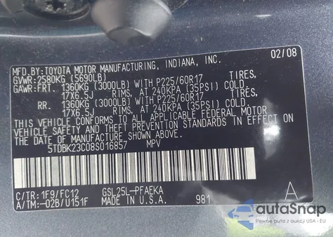 2008 Toyota Sienna Le from USA, damaged, VIN 5TDBK23C08S016857